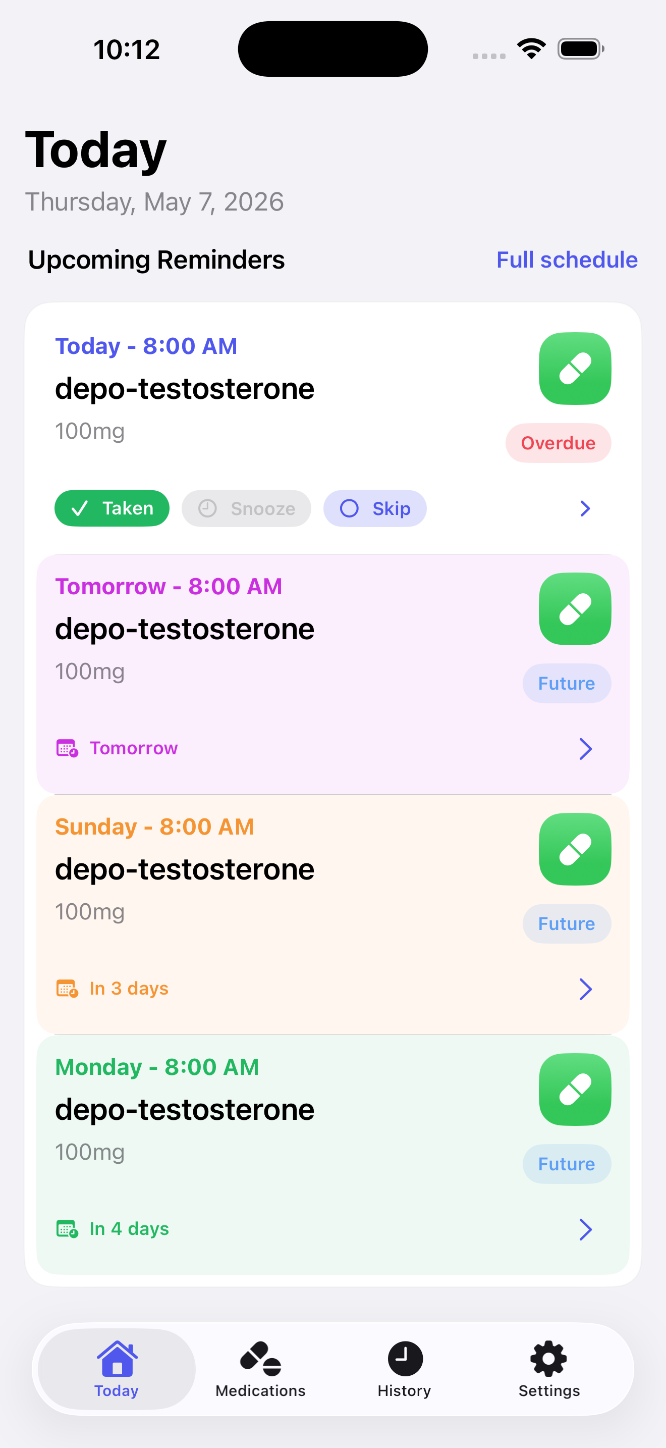 Today screen showing upcoming medication reminders
