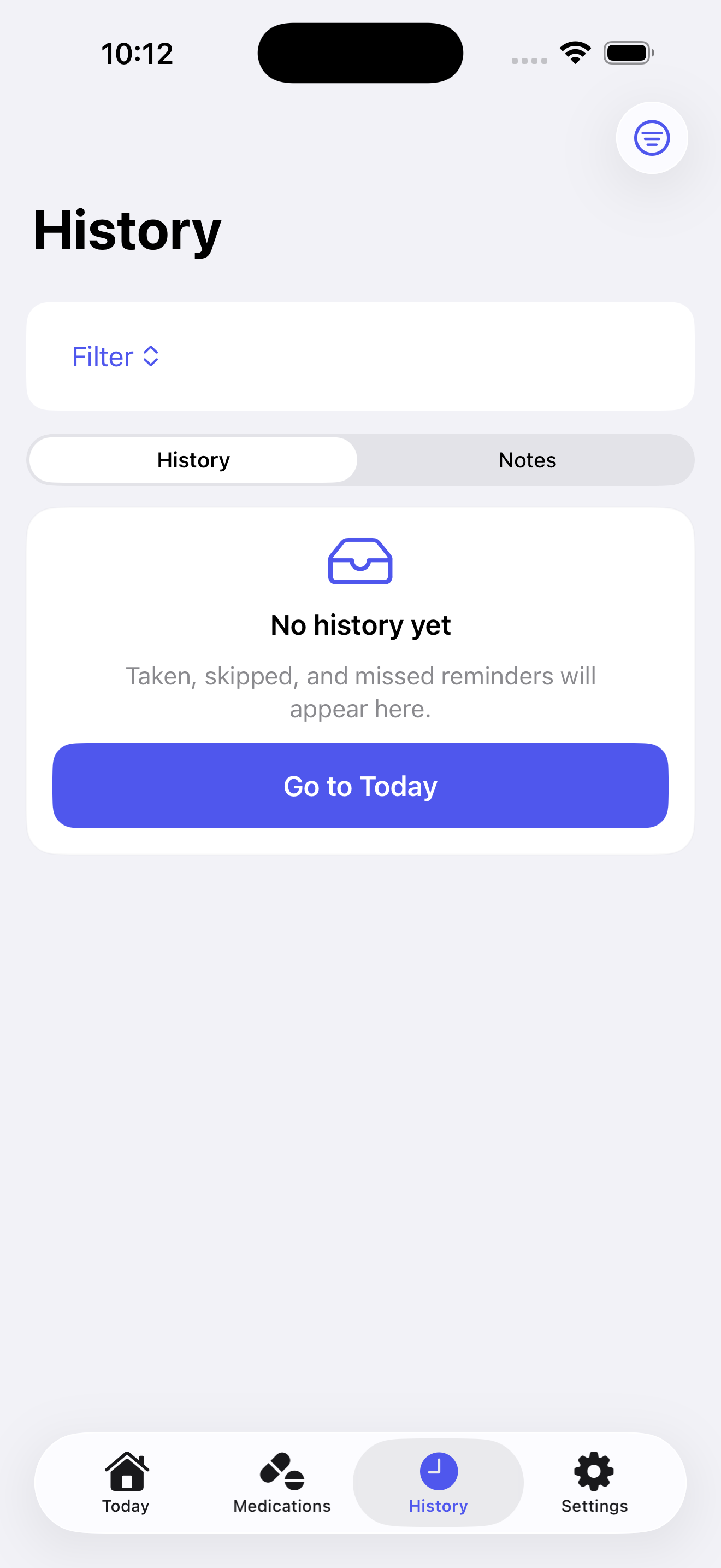 History view with filter controls and empty history state